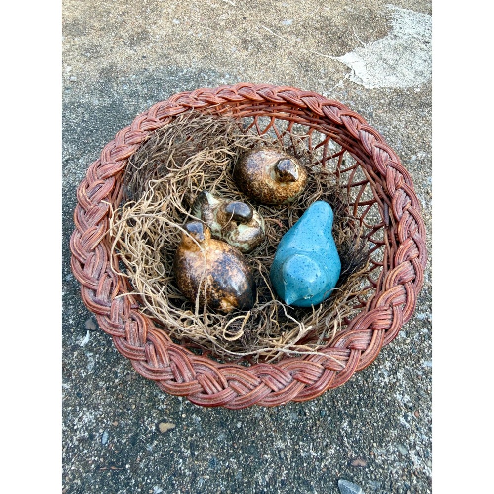 Vintage Japan Ceramic Bird Figurines in Woven Wicker Basket Set Brown‎ Blue 7in